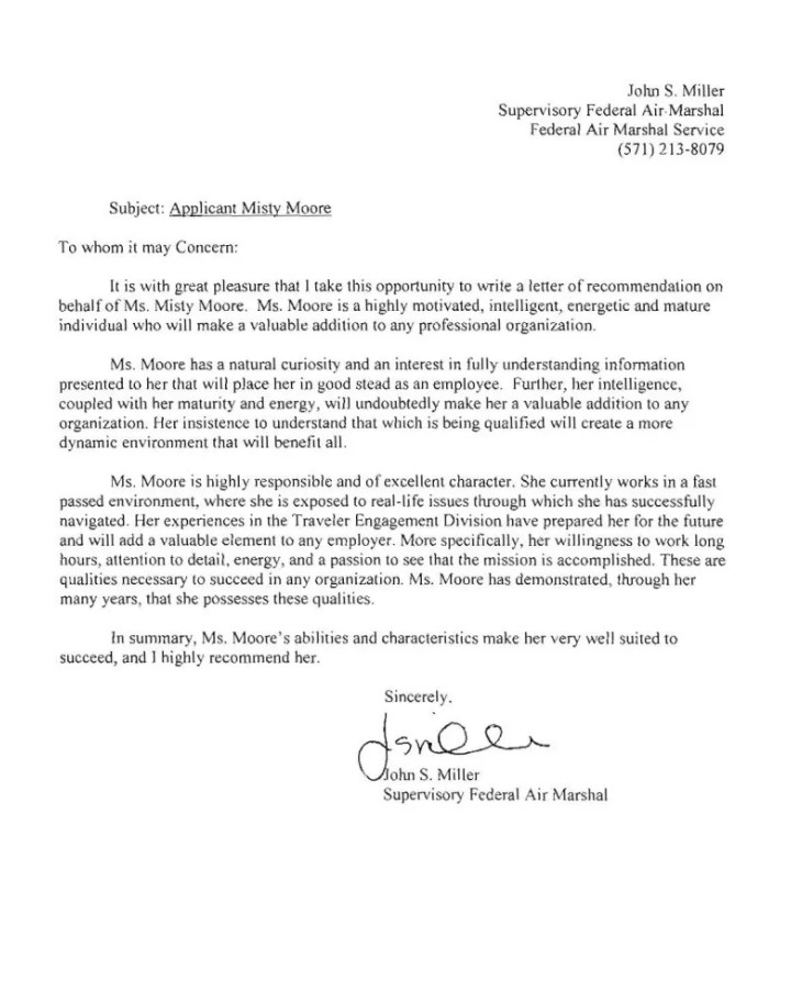 Federal Air Marshal recommendation letter