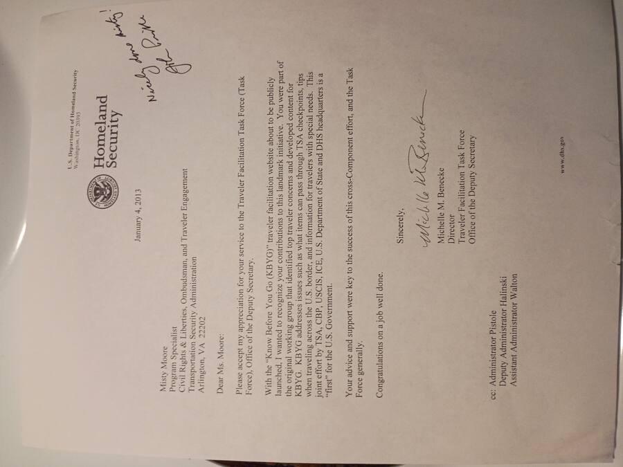 DHS Know Before You Go recognition letter